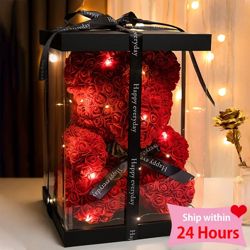 Valentine Gifts Decoration Rose Bear Artificial Flower With Box Lights Teddy For Women Girlvän Birthday Present Love 240131