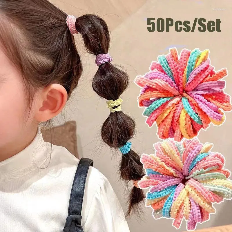 Accessoires de cheveux 50pcs / Set Filles Mode Bandes plissées colorées pour enfants Porte-queue de cochon Cravate en caoutchouc Enfants