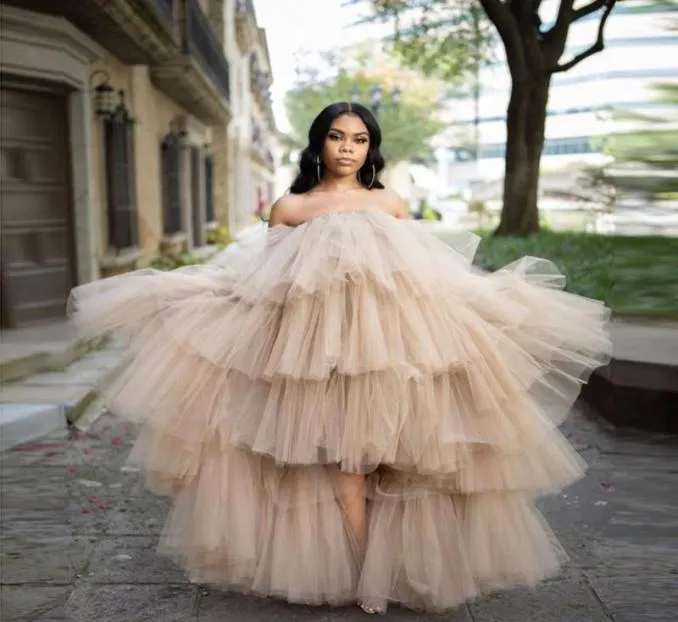 Casual Dresses Puffy Tiered Tulle Long Dress For Women Strapless Hi Low Ruffled Lush Woman Tutu Skirts Khaki Nude Party Night Cust3815679