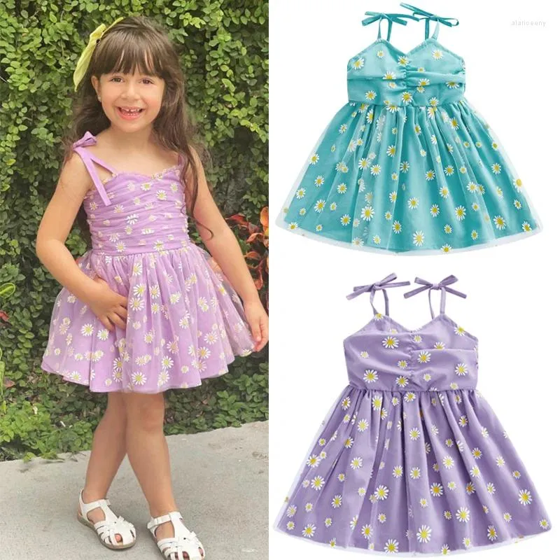 FOCUSNORM 3 kleuren kinderen meisjes zomer prinses jurk 1-6Y zonnebloemen mouwloze sling tie-up spaghetti mesh tule zonnejurk