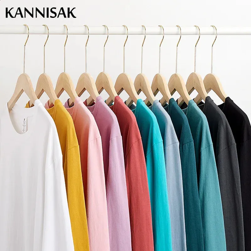 KANNISAK femmes t-shirts printemps à manches longues qualité 100 coton décontracté Harajuku t-shirt solide Oneck surdimensionné Couple basique 240130