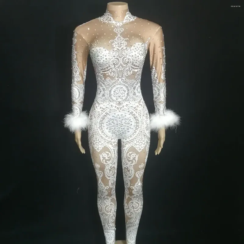 Stadiumkleding Dame Verjaardagsfeestje Witte Veren Mouw Kantpatroon Gedrukt Skinny Jumpsuit Strak Turnpakje Bar Club Zanger Danser Kostuum