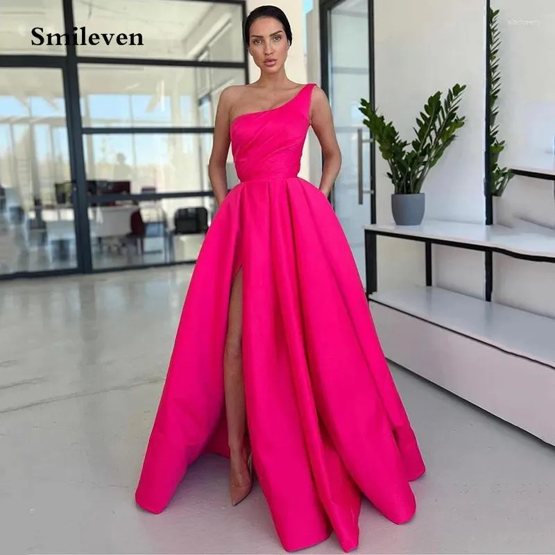 Vestidos de festa smileven rosa arábia saudita uma linha noite prokets plissados vestidos de baile robe de mariee lado split vestido