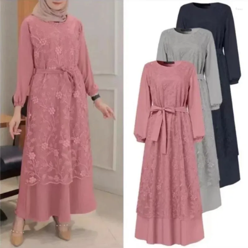 Casual Dresses 2024 Women's Ramadan Abaya Turkey Women O-neck Lace Long-Sleeved Waist Loose Long Skirt Bridesmaid Moroccan Clothing