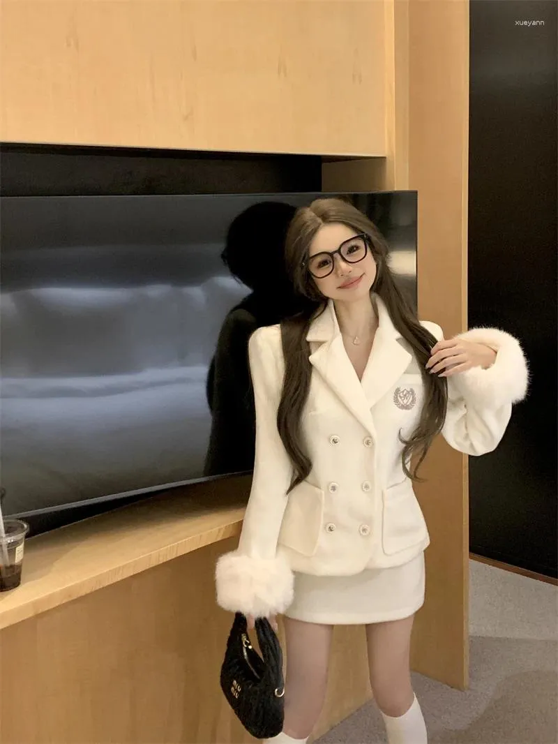 Two Piece Dress White College Style Women Short Woolen Suit Jacket Skirt Set Autumn And Winter Slim-fit Coat Top Two-piece