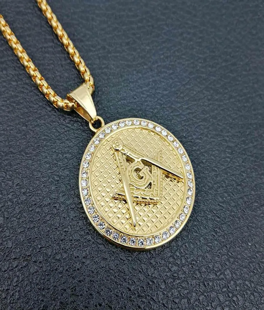 Mensor rostfritt stål Zirkon Masonic Illuminati Symbol Gold Color Mason Pendant med 24 "Kubansk kedjedalsband Hiphop7117348