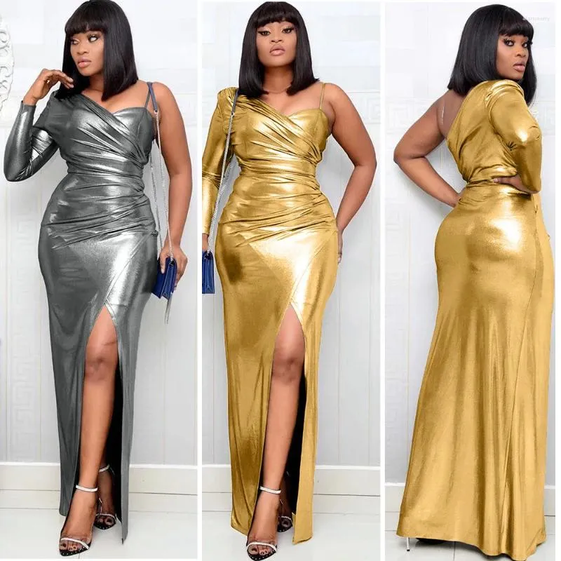 Casual Dresses Women Split One Shoulder High Slit Maxi Dress Metallic Bodycon Long Silver Golden Evening Club Party Vestidos 2X