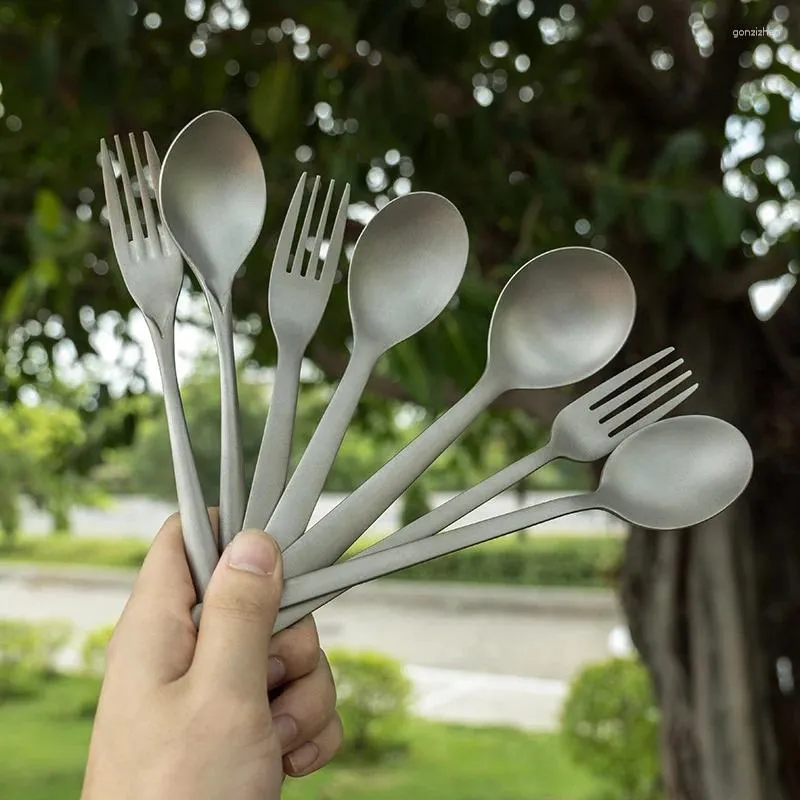 Set di stoviglie Cucchiaio in titanio puro Cucchiaio per uso domestico Forchetta con manico lungo Stoviglie portatili per esterno