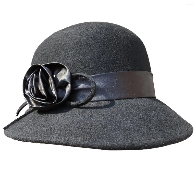 Berets preto lã feltro cloche balde chapéu em forma de sino para mulheres nó de flor