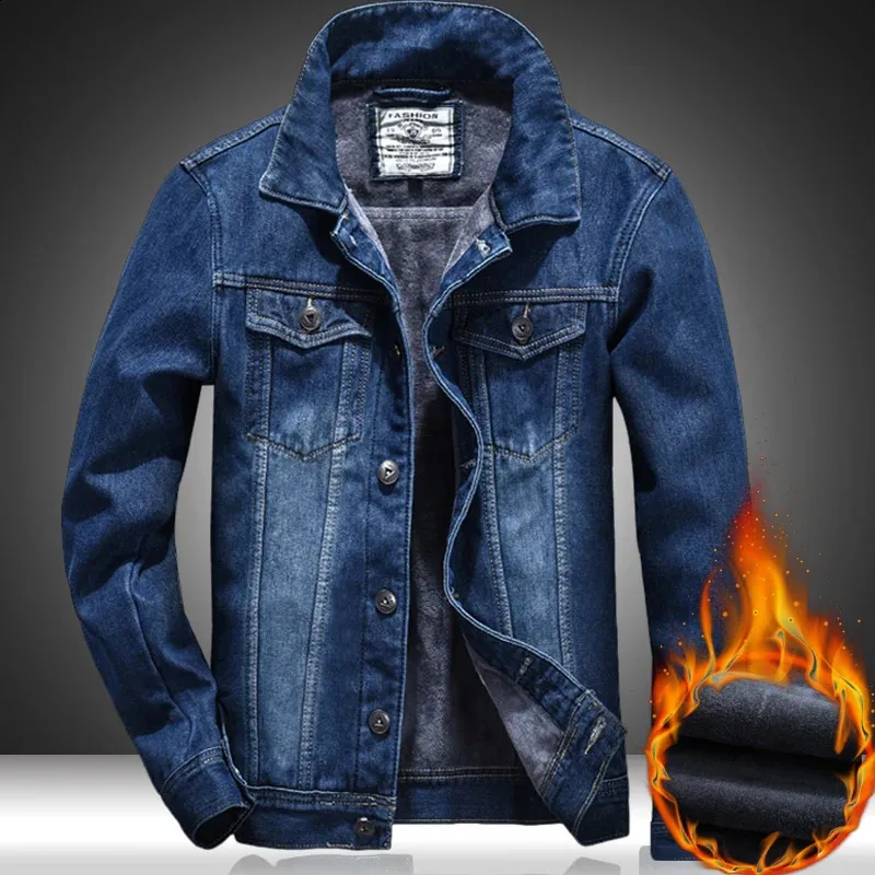 Vintermän denimjacka förtjockar fleece varma rockar mode klassisk lapel smal cyklist jeans jacka outwear man varumärke kläder 240122