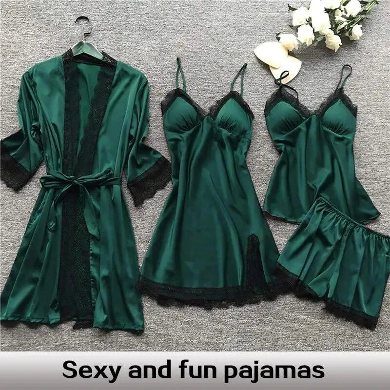 Kvinnors sömnkläder 4st Pajamas Set Silk Women Nightdress Lace Dress Robe Sleep Nightwear Solid Color Pijama uppsättningar