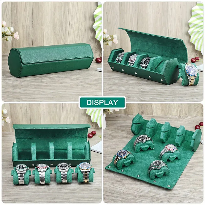 Caja enrollable para reloj con 234 ranuras, organizador de almacenamiento de joyas de viaje de cuero genuino Saffiano, Estuche portátil verde 240119