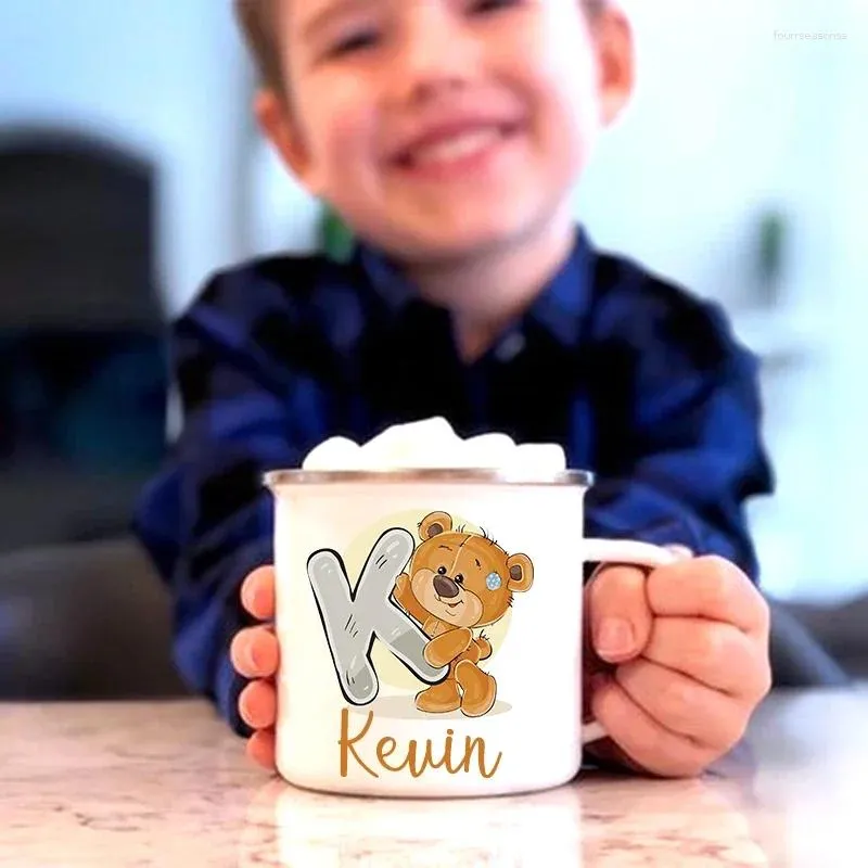 Tasses ours imprimé créatif émail tasse lettre personnalisée avec nom café boisson lait tasse poignée verres personnalisés cadeaux d'anniversaire pour enfants