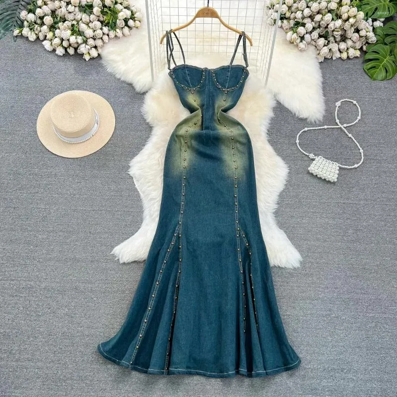 Vestidos casuais americano retro sexy maxi vestido mulheres espaguete cinta beading feminino denim doce verão sereia vestidos gota