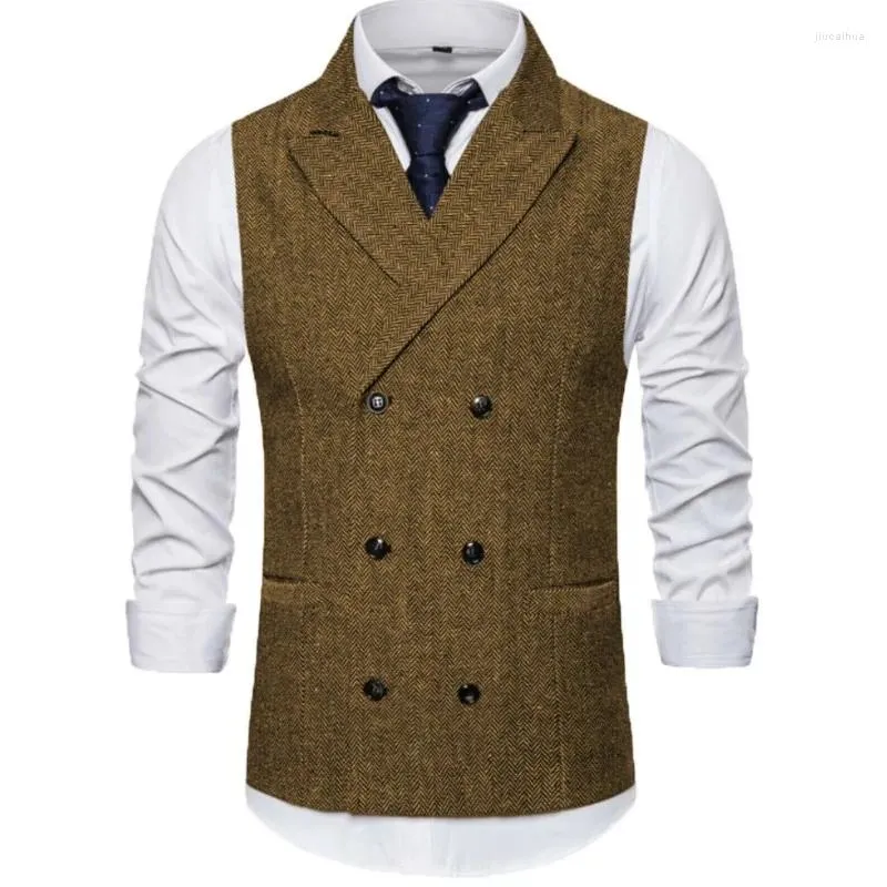 Men's Vests Men Vest Brown Herringbone Double Breasted Buckle Solid Business Casual Waistcoat Regular Slim Banquet Suit