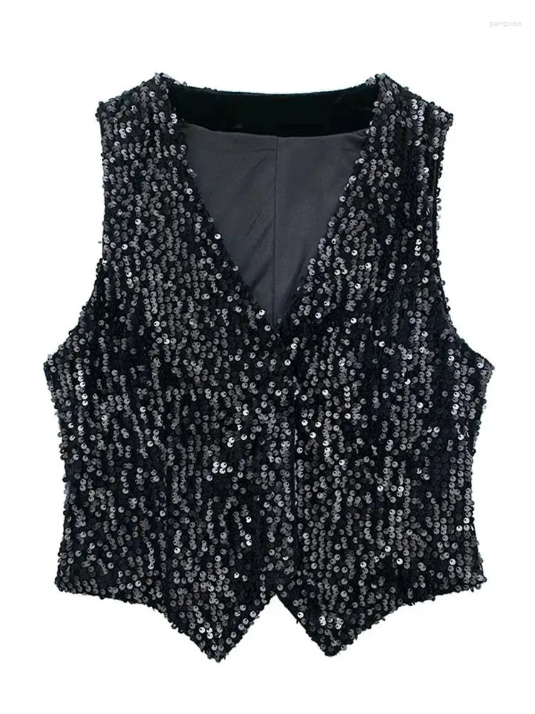 Kvinnors västar Fashion Sequin Vest för kvinnor Casual V-ringad ärmlös Velvet Short Waistcoat Kvinnlig Solid Slim Fit Streetwear Hidden Button