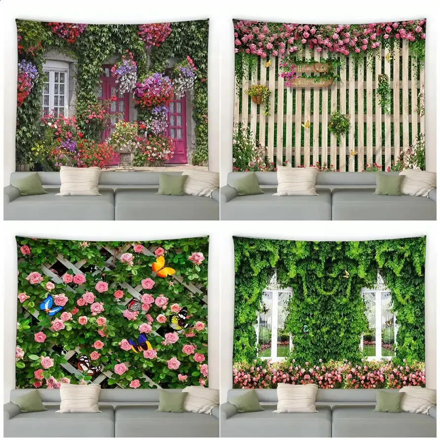 Spring Butterfly Flowers Tapestry Retro Wooden Fence Nature Pink Rose Plants Floral Wall Hanging Garden Home Decor Scenery Cloth 240125