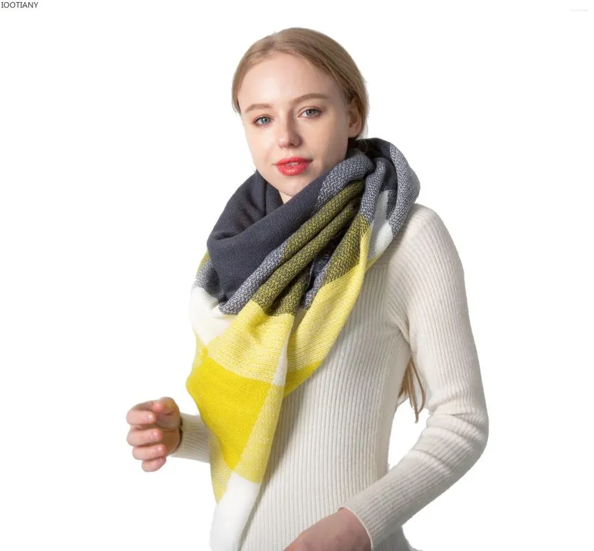 Зимние шарфы желто-серого цвета с имитацией кашемира, большой клетчатый квадратный шарф, теплый женский шарф с неравномерным градиентом, плюс двусторонняя шаль
