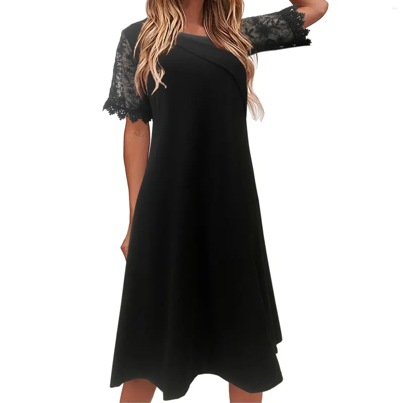 Casual Dresses For Women 2024 Black Lace Patchwork Summer O Neck Short Sleeve Dress Beach Holiday A Line Vestidos
