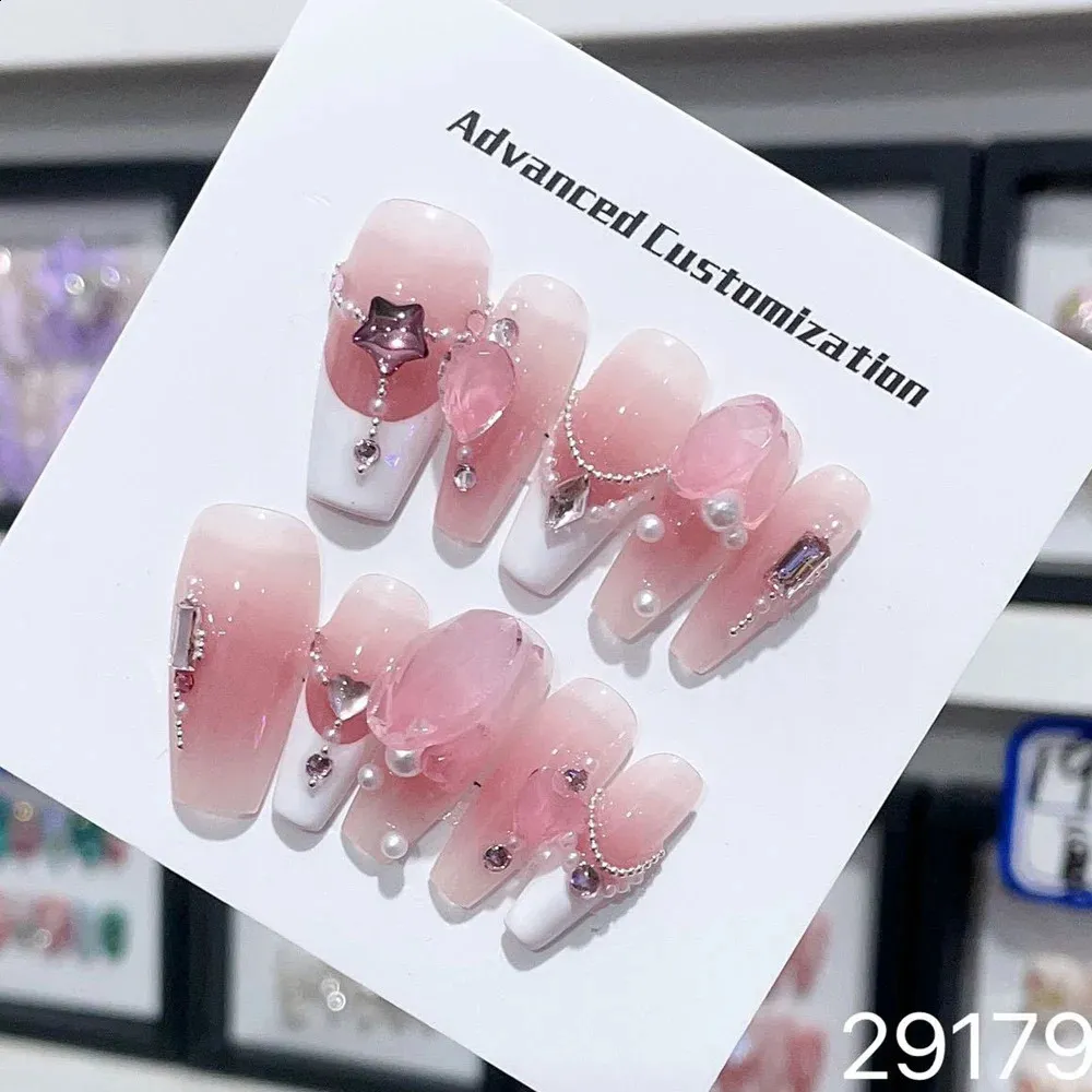 Handmade Star Press on Nails Pink Luxury Reusable Adhesive Korean Gradient Fairy Y2k Nail Tips Acrylic Artificial Manicure Girls 240129