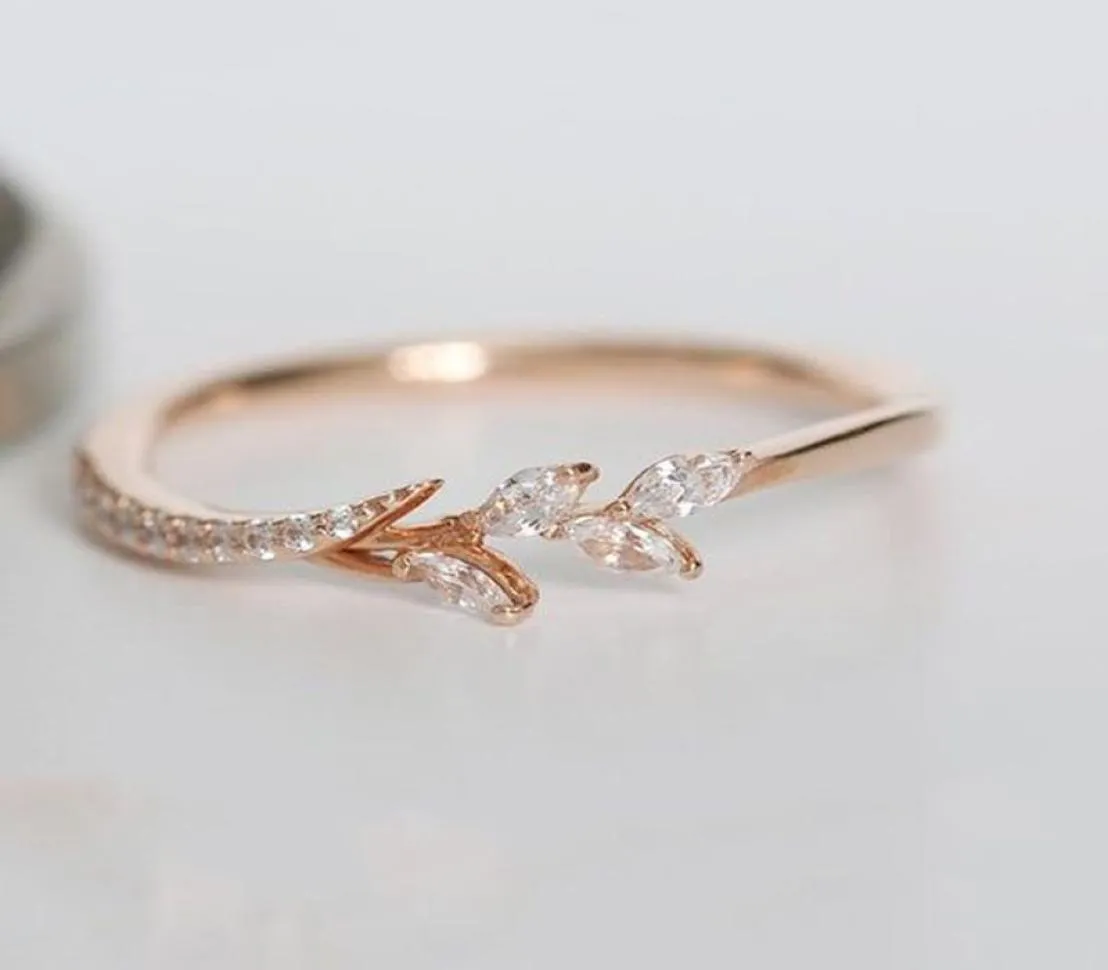 Delicate Tiny Olive Leaves Rings for Women Rose Gold Color Inlaid Zircon Wedding Rings Couple Promise Jewelry Anillos Mujer6849293