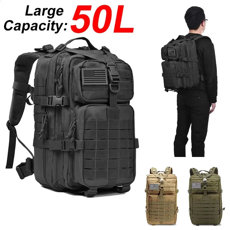 50L stor kapacitet män armé militär taktisk ryggsäck 3p softback utomhus vattentätt bugg ryggsäck vandring camping jakt väskor 240202
