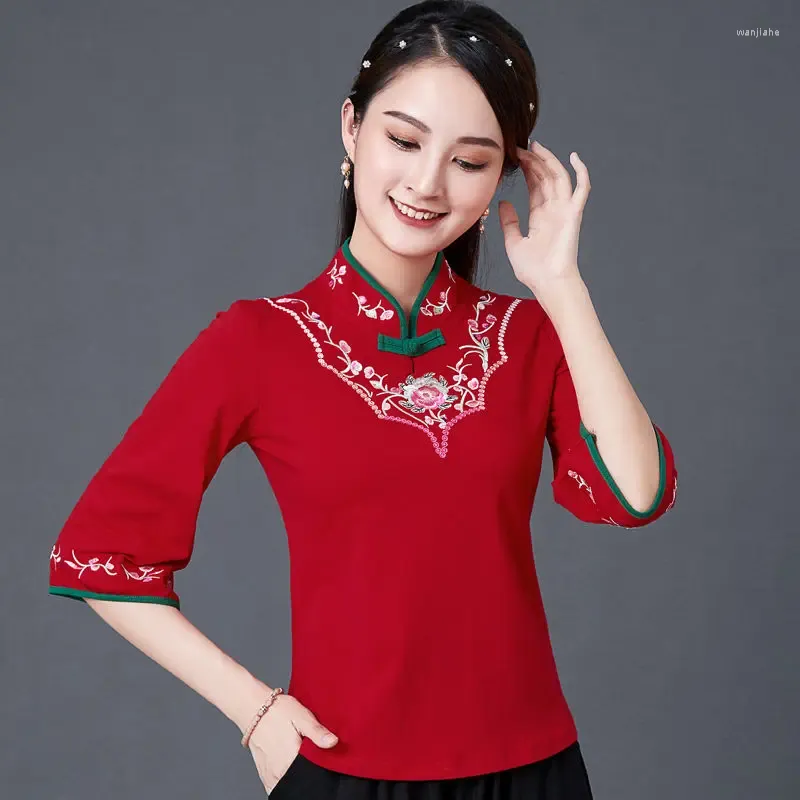 Etniska kläder traditionella kinesiska kvinnor toppar mode bomull broderi hanfu qipao skjorta kvinnlig smal stil stativ krage blus