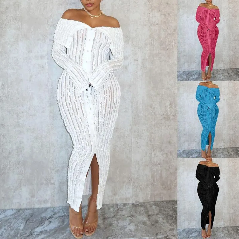 Casual Dresses Elegant Off Shoulder Maxi Dress Women Sexy BodyCon 2024 Slim Fit Long Sleeve Robe Botton Solid Sundress Vestidos