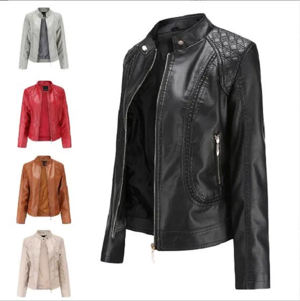 Partihandel Hot Sale Spring Autumn Women Fashion Leather Jacket Stand-Up Collar dragklappa Ladies Casual PU Jackor Size M-4XL