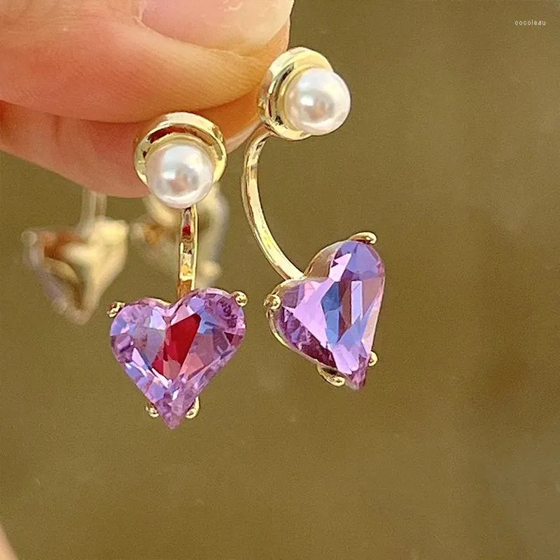 Stud Earrings Purple Love Heart Small And Pearl Fashionable Jewelry Women