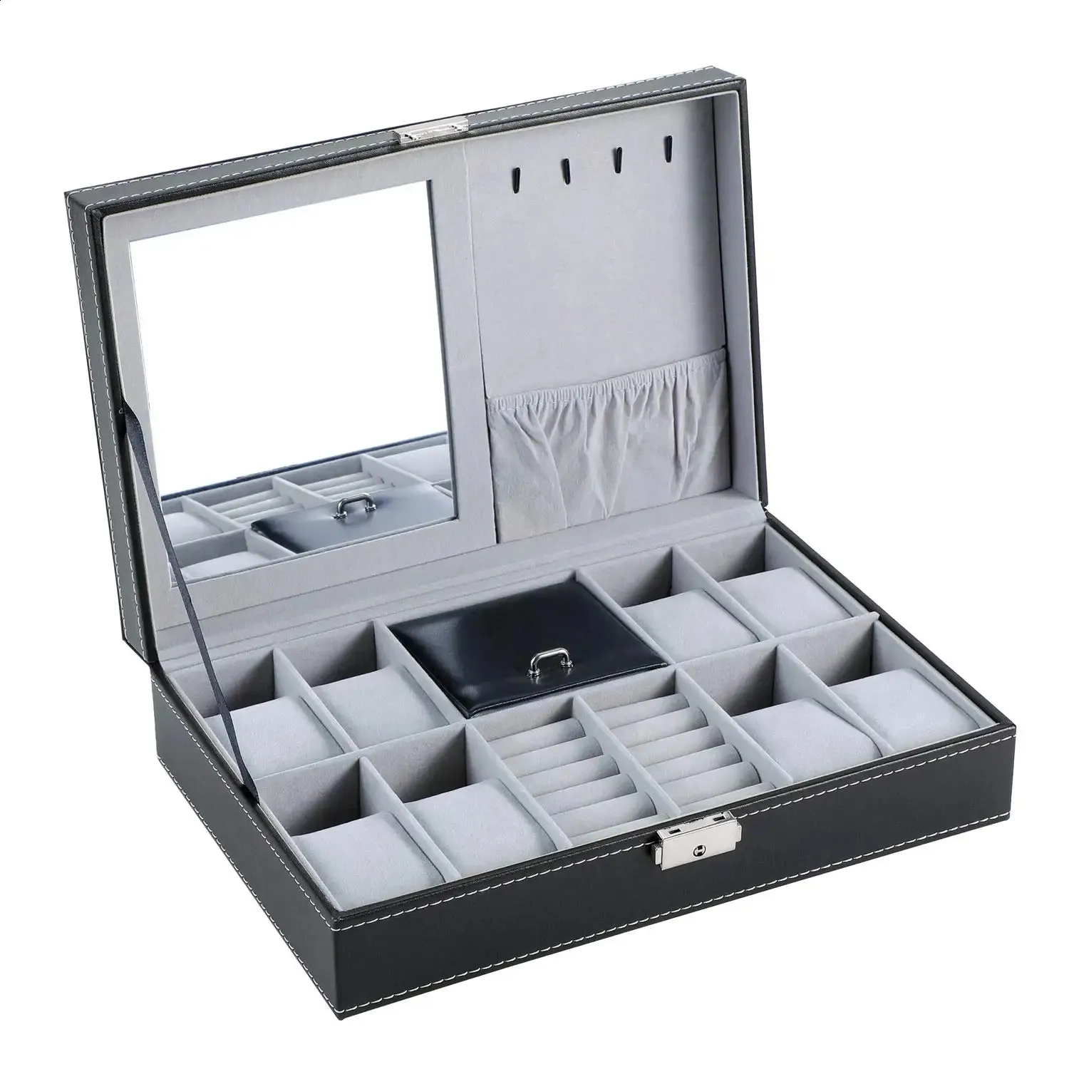 Lnofxas Caja de Reloj 8 Joyero Caja de exhibición de Reloj Organizador Caja de Almacenamiento Trey de joyería Cuero de PU Negro con Espejo y Cerradura 240127