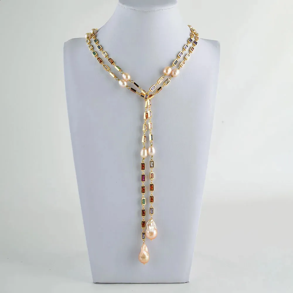 Collier en perles Keshi roses de culture, 50 couleurs mélangées, rectangulaire, pavé de Cz, longue chaîne, 240202