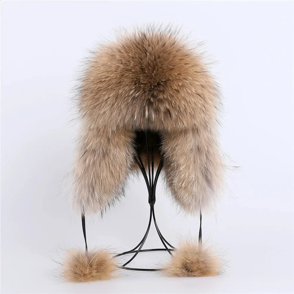 100% sombrero de piel de zorro auténtica para mujer ruso Ushanka trampero esquí en nieve sombrero gorras orejeras invierno piel de mapache bombardero sombrero 240123