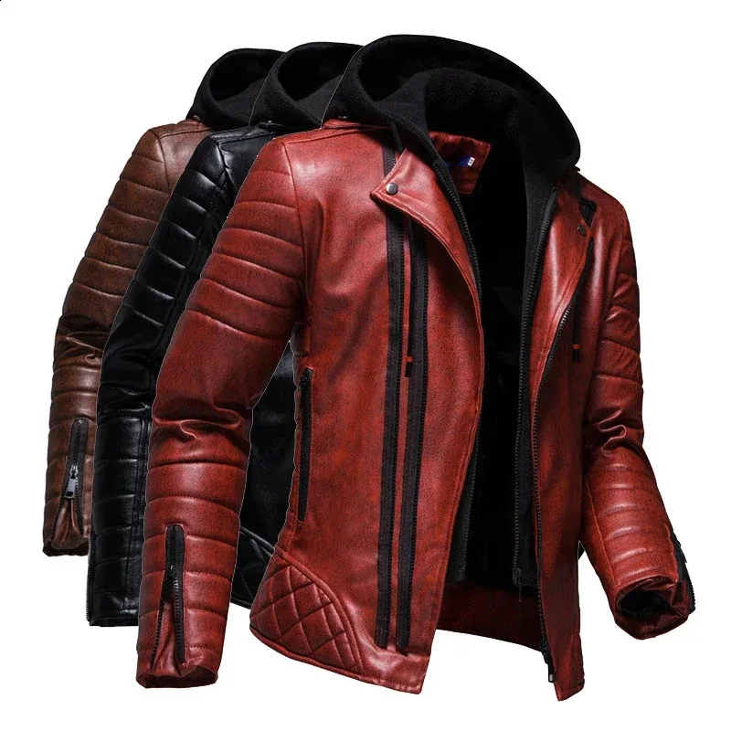Veste rouge à capuche en cuir PU pour hommes, veste de moto de personnalité, grande taille, vêtements à la mode pour hommes, 240131