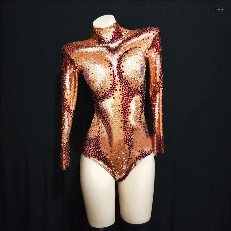 Stage Wear Femmes Party Festival Outfit à manches longues Strass Stretch Body Rave Vêtements Gogo Dancer Costume Club XS6452