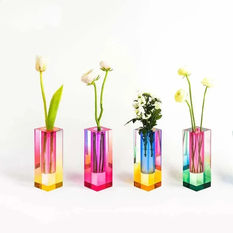 الإبداع الإبداعي أكريليك ألوان مزهرية مربع العمود الزجاج الفقاعة يمكن إدراج زهرة المجففة هدية مائية 240131