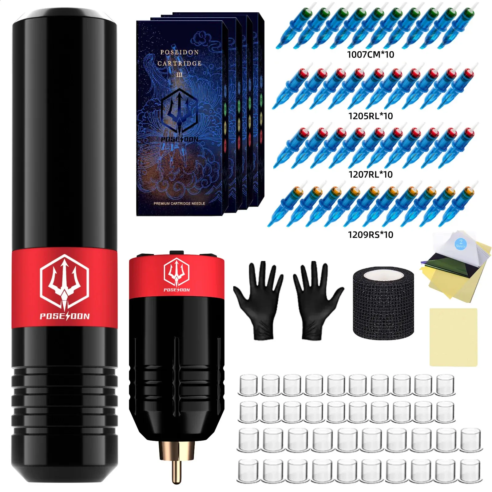 Kit de tatouage stylo POSEIDON, Machine sans fil avec alimentation et 40 aiguilles à cartouche 240202