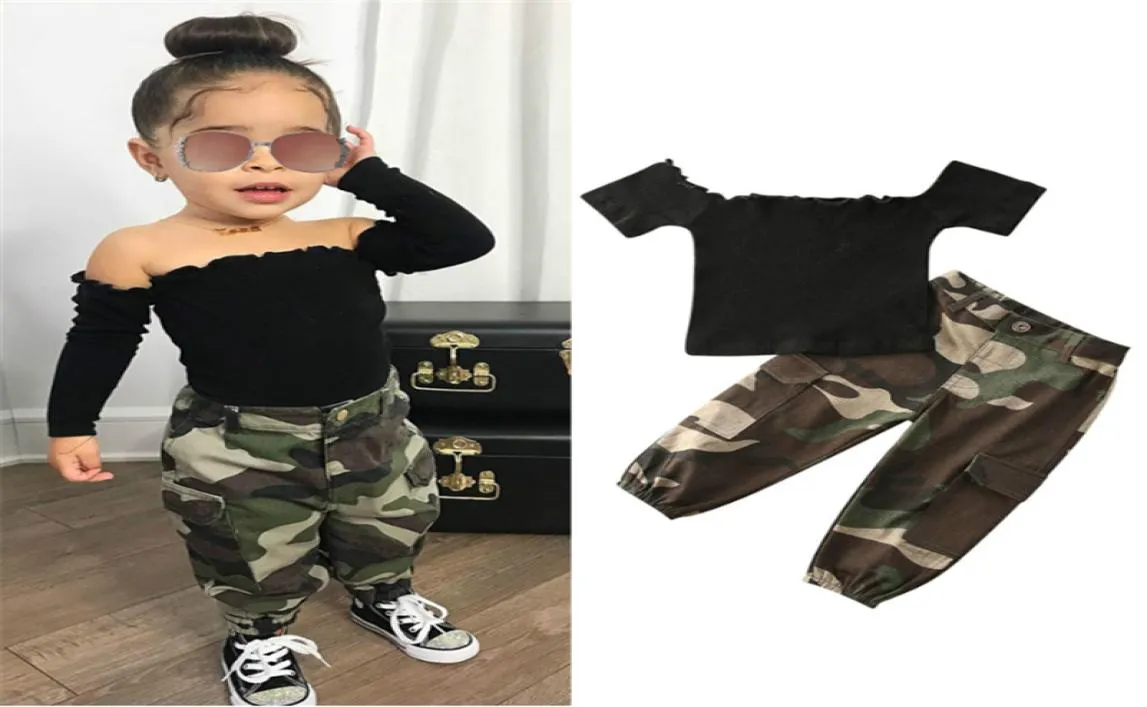 Bambino del capretto della neonata estate manica corta con spalle scoperte maglietta TopCamouflage stampa pantaloni outfit set vestiti 2 pezzi 16Y 2010179726402