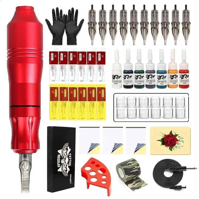 Kit macchina per tatuaggi professionale Penna rotativa DC Jack completa con ago per cartuccia da 10 pezzi Inchiostro da 7 pezzi per set per principianti 240202