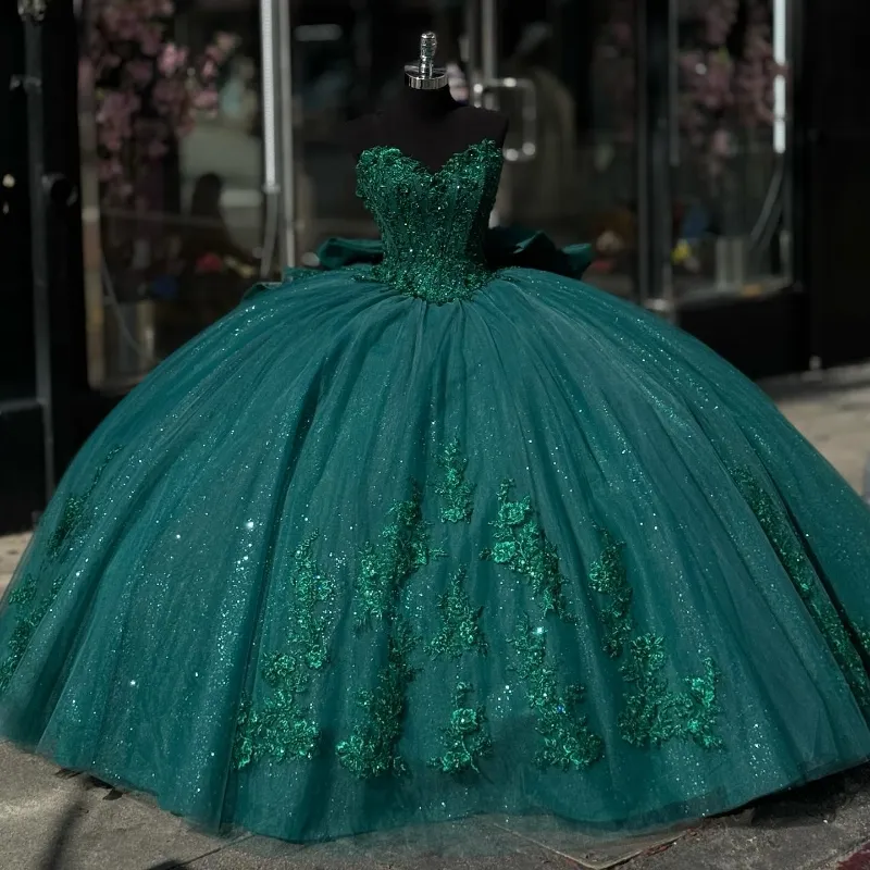 Emerald Green Appliques spets tull ball klänning quinceanera klänning från axel glitter kristallkorsett vestidos 15 de xv anos