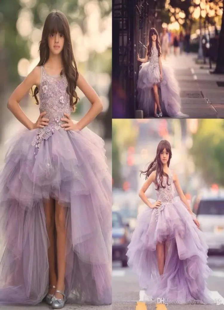 Lovely Luxury Lavender Organza Flower Girls Dresses High Low Lace Appliques Top Ruffles Skirt Girls Pageant Gowns Kids Formal Wear9431302