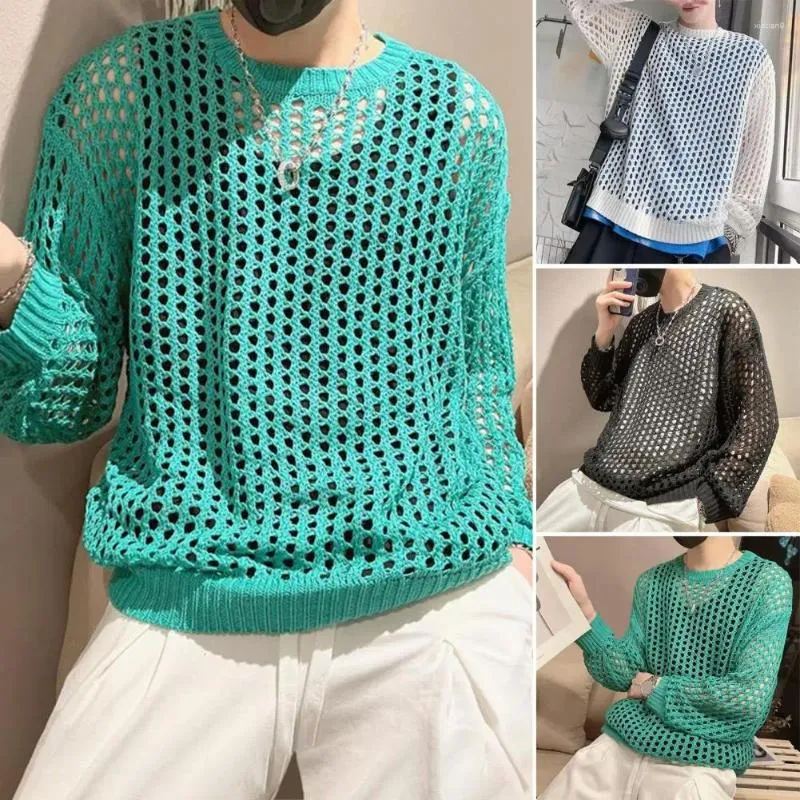 Men's T Shirts 1Pc Men Long Sleeve Top Solid Color Round Neck Knitted See-through Elastic Hop Mesh Fishnet Clubwear For Party