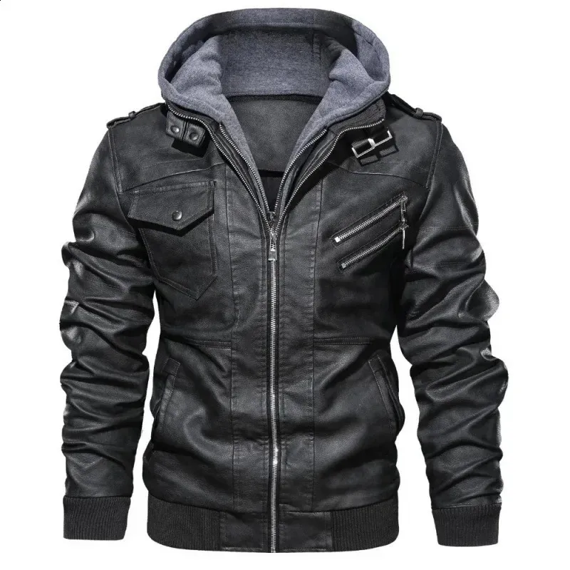 Chaqueta de cuero PU de moda para hombre con capucha extraíble para otoño e invierno - Chaqueta motera negra clásica 240131