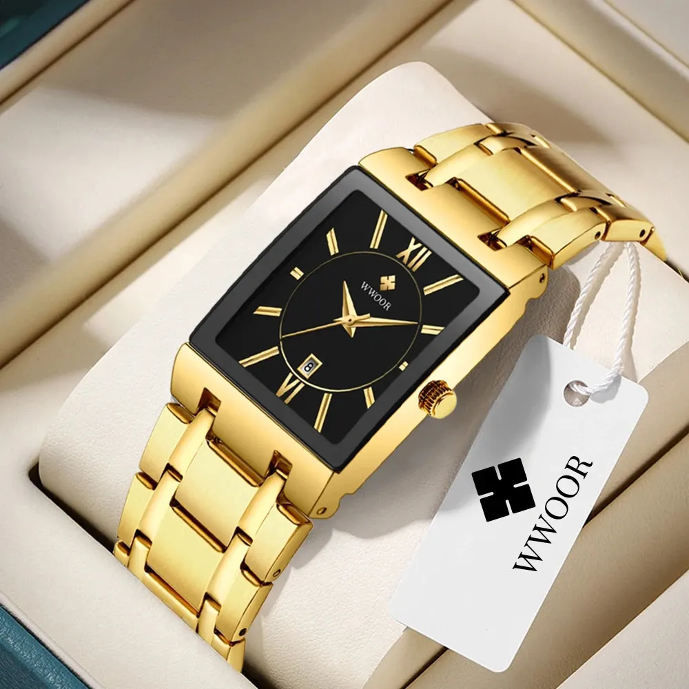 Relogio Masculino WWOOR montre en or hommes carrés montres pour hommes haut de gamme de luxe à Quartz doré en acier inoxydable montre-bracelet étanche 240131
