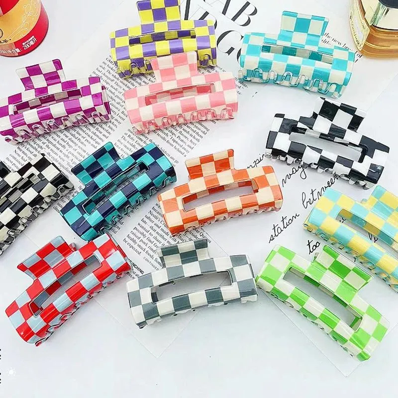 Hair Clips Arrival Fashion 8cm Medium Rectangle Checkered Clip Claws Simple Acrylic For Thick Shark Accessories