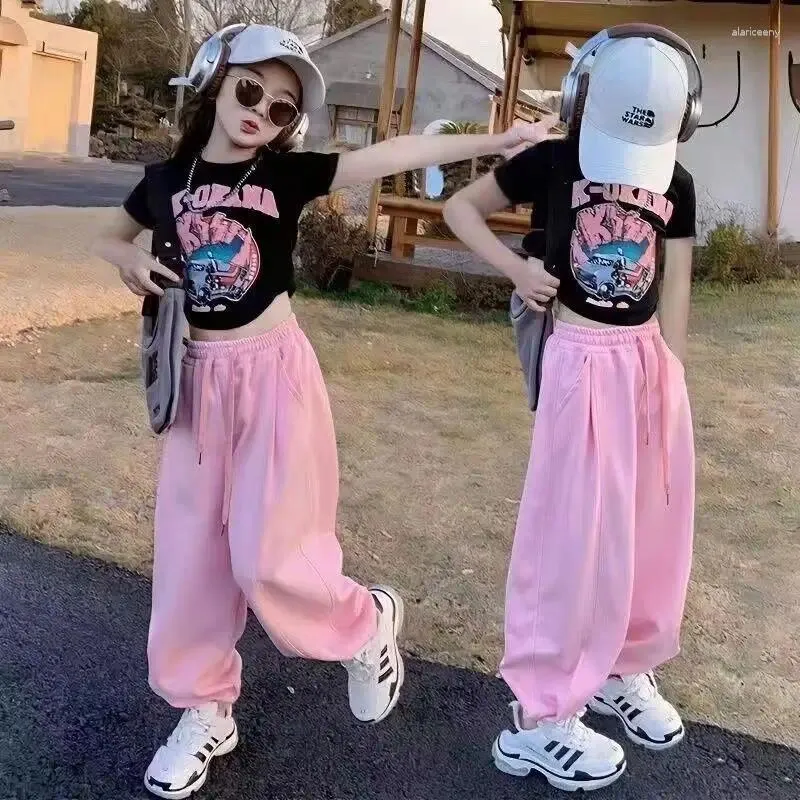 Clothing Sets 2024 Teenager Summer Girls Clothes Midriff Street Suit Crop Top Cartoon Print T Shirt Ripped Ankle-tied Pant 7 9 12 14 15 Year