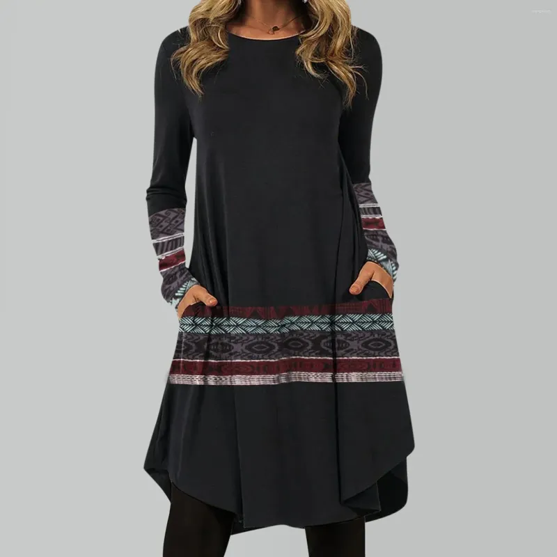 Casual Dresses Women Dress Boho Print långärmad rund nacke Pullover Löst Pocket Ladies Sexy Y2K Vestidos Sweatshirts