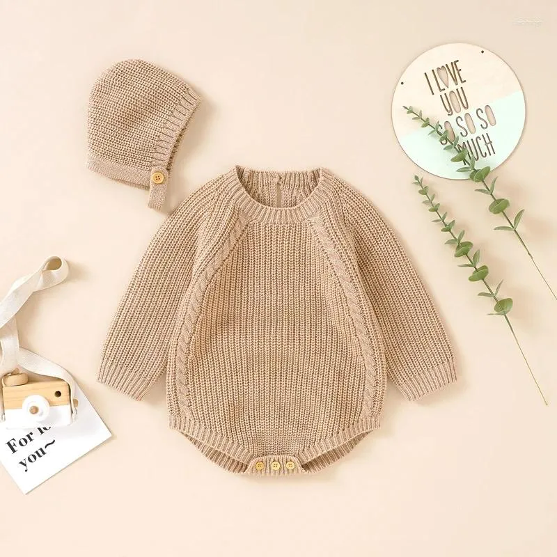Rompers född baby bodysuits Autumn Winter Solid Sticked Spädbarn Kids Boy Girl Jumpsuits Hats Kläder Set 0-18m Toddler Outwear Outfit