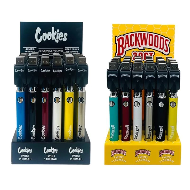 Backwoods Cookies 1100 mAh dolne skręt dolne akumulator wstępny podgrzewanie Regulowane napięcie VV 510 wózki akumulatory nabojowe 30ct z ładowarką USB 30pcs pudełko wyświetlacza