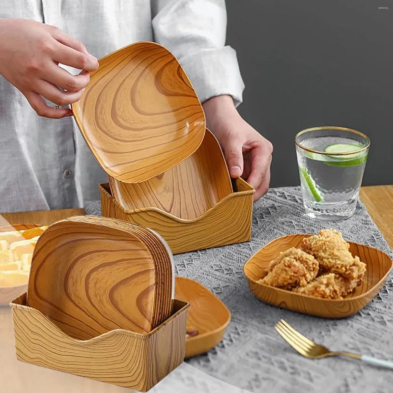 Placas quadradas bandeja de jantar de plástico conjunto com suporte de armazenamento de 8 prato de grão de madeira 14cm louça